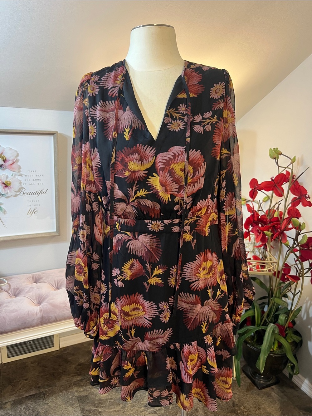 Ted Baker Black Floral Piara Ruffle Long Sleeve Mini Dress Size 4  (US 10)